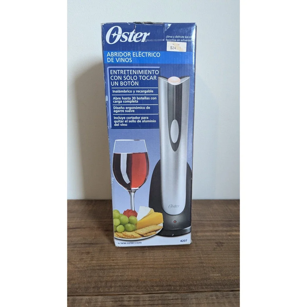 Oster Electric Wine Opener 4207 Cordless Rechargeable Silver Black w/Base New OB